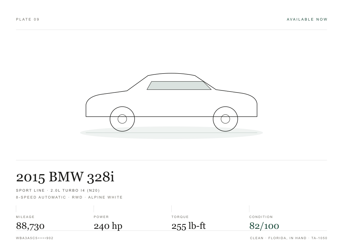 Measurement sheet for the 2015 BMW 328i Sport Line: power and torque peaks, recorded readings and condition scores