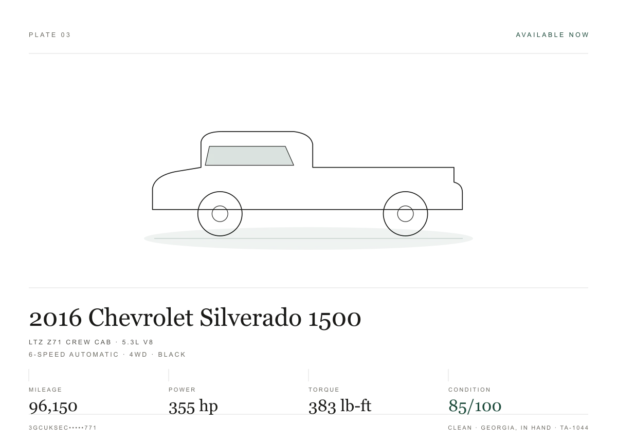 Measurement sheet for the 2016 Chevrolet Silverado 1500 LTZ Crew Cab 4x4: power and torque peaks, recorded readings and condition scores