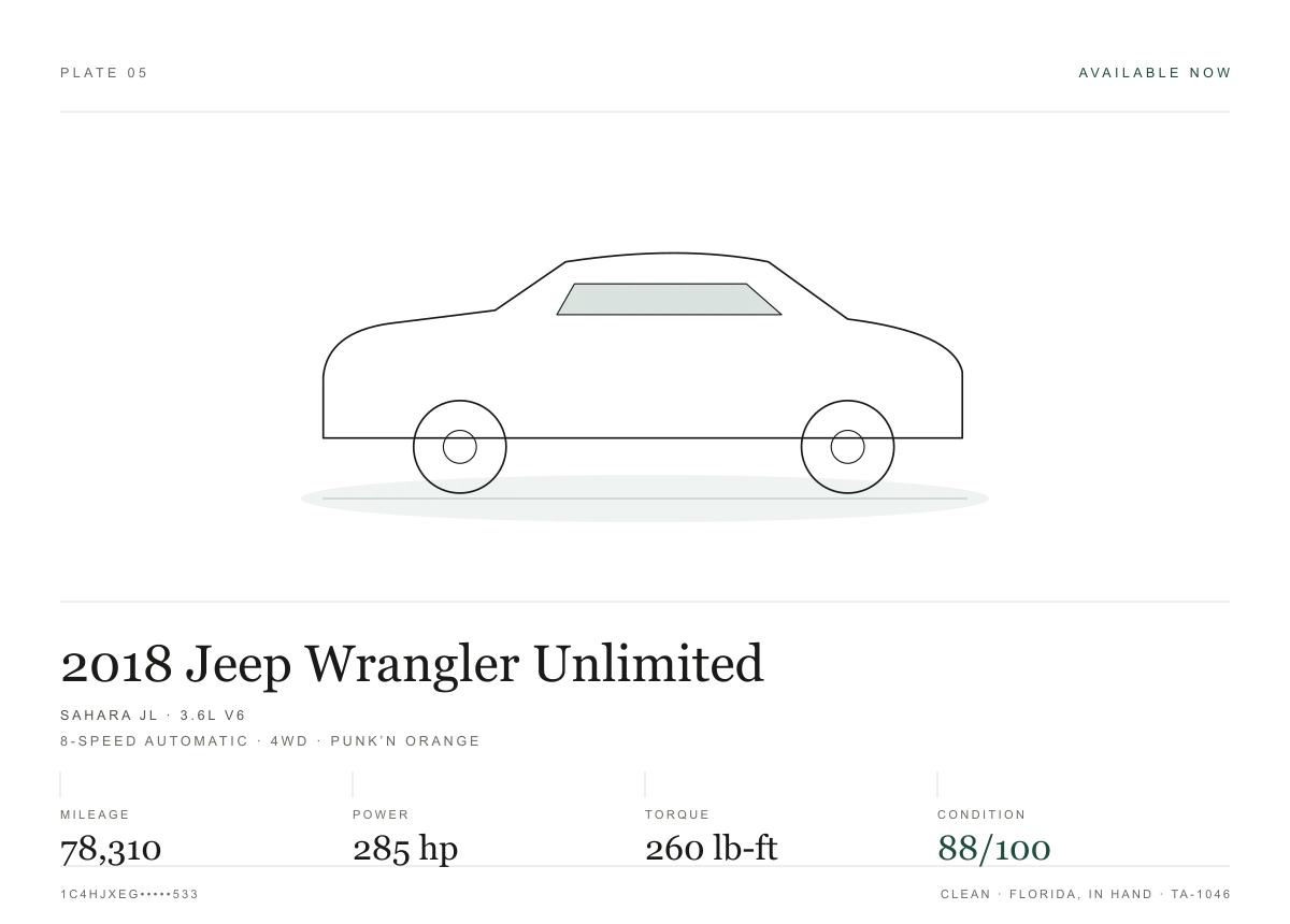 Measurement sheet for the 2018 Jeep Wrangler Unlimited Sahara JL: power and torque peaks, recorded readings and condition scores