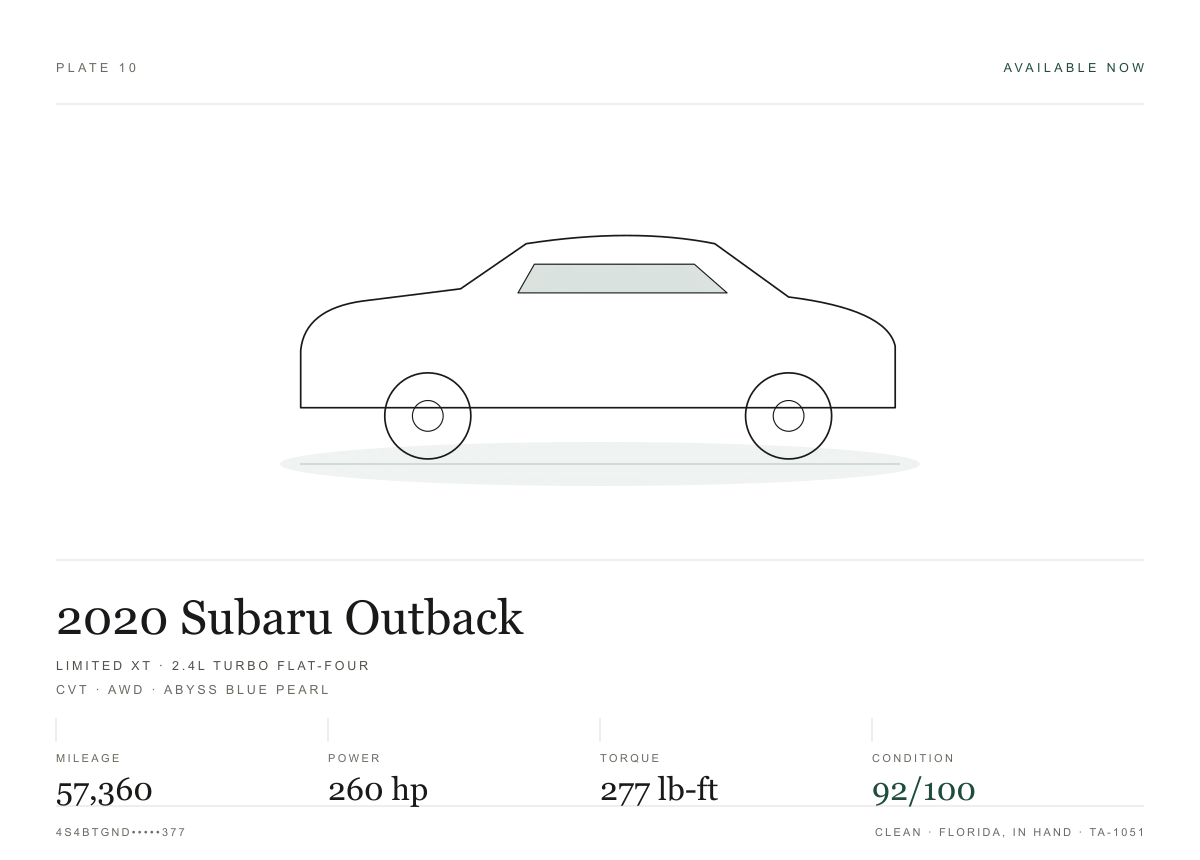 Measurement sheet for the 2020 Subaru Outback Limited XT: power and torque peaks, recorded readings and condition scores
