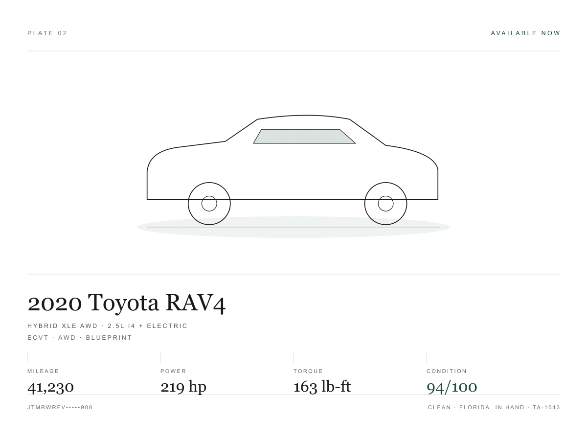 Measurement sheet for the 2020 Toyota RAV4 Hybrid Limited AWD: power and torque peaks, recorded readings and condition scores