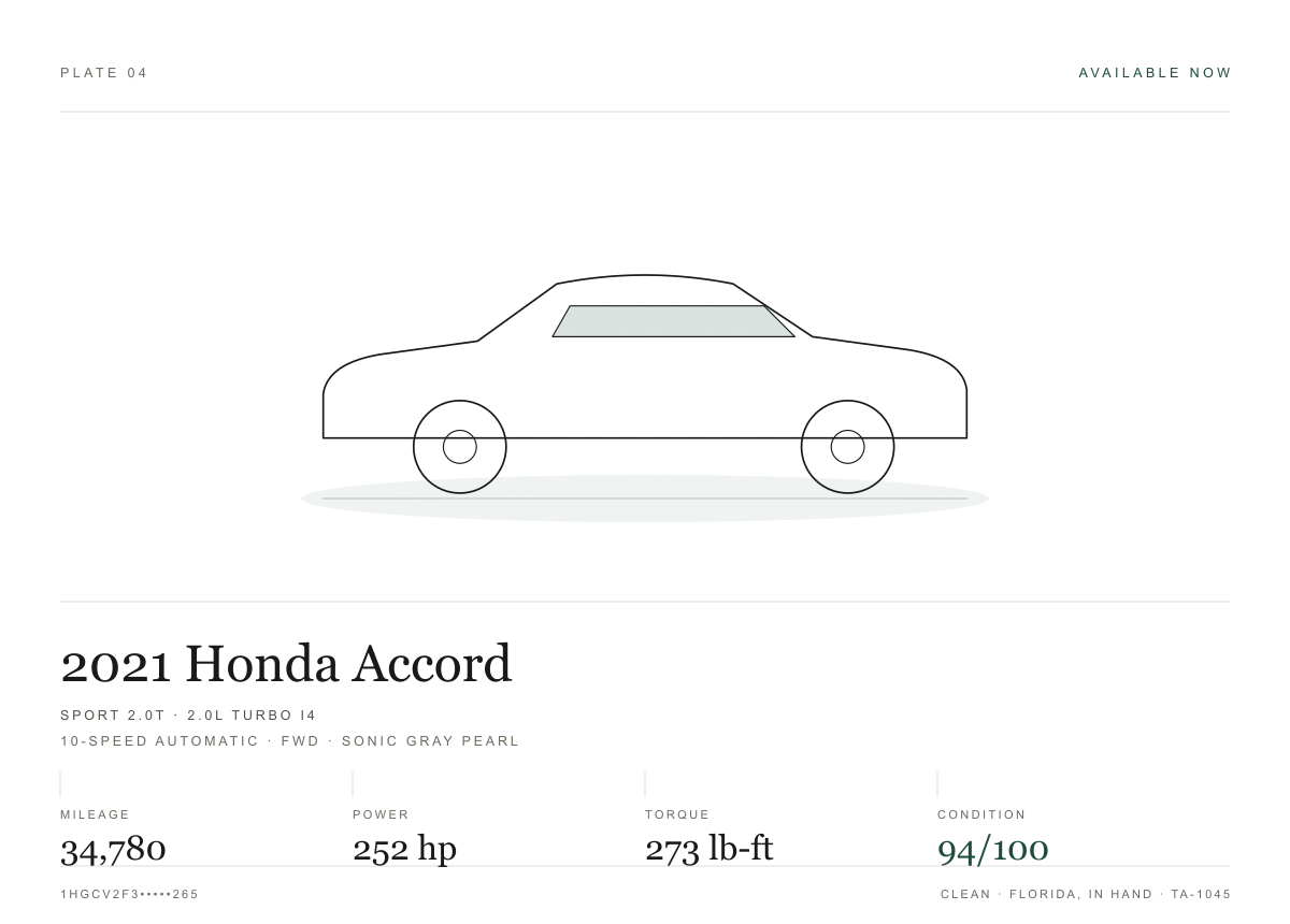 Measurement sheet for the 2021 Honda Accord Sport 2.0T: power and torque peaks, recorded readings and condition scores
