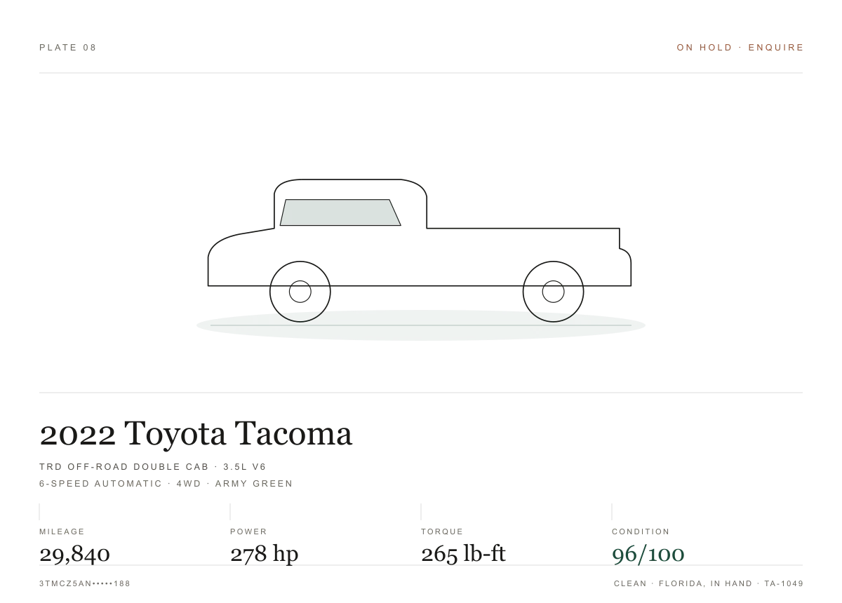 Measurement sheet for the 2022 Toyota Tacoma TRD Off-Road Double Cab: power and torque peaks, recorded readings and condition scores